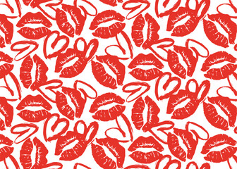 Red lips and hearts seamless pattern. Romantic vector design for Valentine’s Day, love themes, packaging, textiles, wallpapers, and decorative backgrounds.