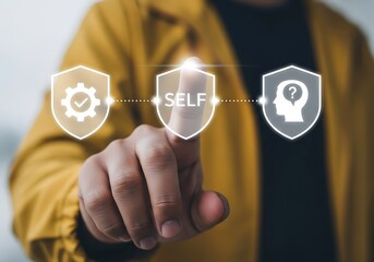Person touching a digital shield representing self protection and personal growth