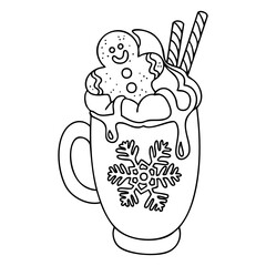 Christmas mug with gingerbread cookie and whipped cream in outline style. Hand drawn vector outline isolated illustration. 