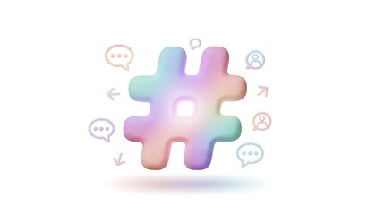 3D cartoon hashtag symbol glowing softly in pastel tones, representing trends and social media topics, smooth rounded style, isolated on white background.