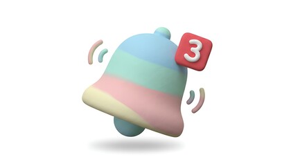 3D cartoon notification bell with a small red number badge, pastel tones and smooth rounded shape, symbolizing alerts and reminders, isolated on white background.