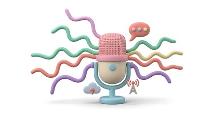3D cartoon microphone with pastel sound wave lines around it, symbolizing audio recording, podcast, and voice content, smooth rounded style, isolated on white background.