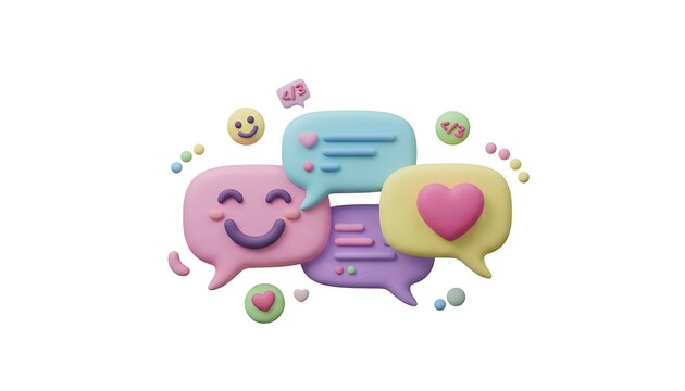 3D cartoon speech bubbles with smile and heart emojis floating between them, symbolizing friendly chats and positive interactions, soft pastel tones, isolated on white background. - Powered by Adobe