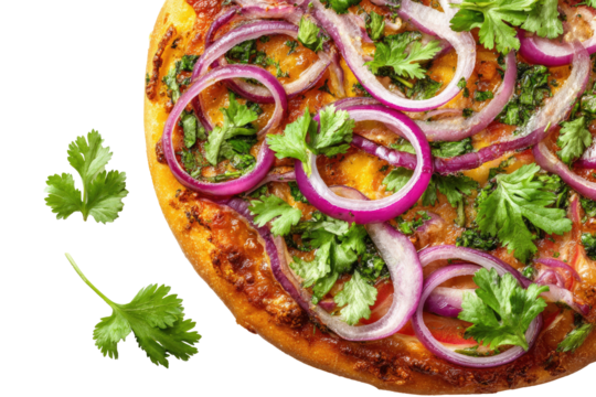 Pizza red onions, herbs, cheesy crust on black background