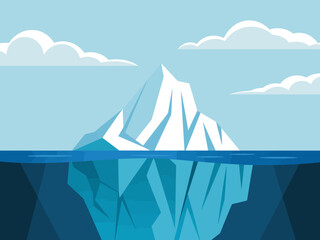 This digital artwork depicts a majestic iceberg, showcasing both its visible surface and hidden underwater complexities, highlighting the beauty of nature and climate themes.