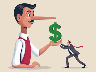 A whimsical illustration depicting a character with an exaggerated nose, symbolizing dishonesty while interacting with another figure related to money, conveying moral lessons.
