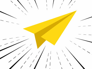 A vibrant yellow paper plane soars on a white background, symbolizing speed, freedom, and the excitement of new journeys in a minimalist design.
