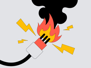 This illustration depicts a short circuit with flames and lightning, highlighting the dangers of electrical failures and the importance of safety in electrical systems.