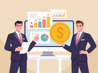 Two professional men presenting data analytics on a computer screen, showcasing growth trends and financial success in a corporate context.