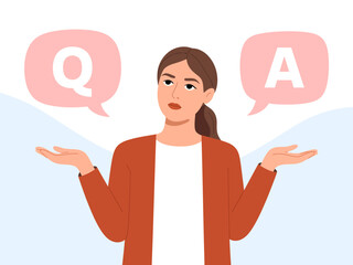 This illustration features a woman contemplating with speech bubbles indicating questions and answers, symbolizing the search for knowledge and understanding in life.