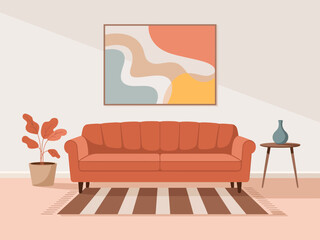 A stylish and cozy living room featuring an orange sofa, vibrant decor, and a minimalist painting that creates an inviting and warm atmosphere for relaxation and gatherings.