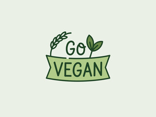 A vibrant and catchy design promoting a vegan lifestyle, featuring a message to 'Go Vegan' highlighted by simple illustrations of plants, emphasizing health and sustainability.