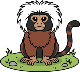 Cute Cotton Top Tamarin Sitting on Grass - Animal Character Illustration Isolated on Transparent Background