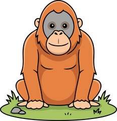Cute Bornean Orangutan Sitting on Grass - Animal Character Illustration Isolated on Transparent Background