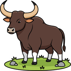 Cute Gaur  or Indian Bison Standing on Grass - Animal Character Illustration Isolated on Transparent Background