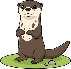 Cute Giant Otter (Pteronura brasiliensis) standing on grass, semi-aquatic mammal character clipart isolated on transparent background