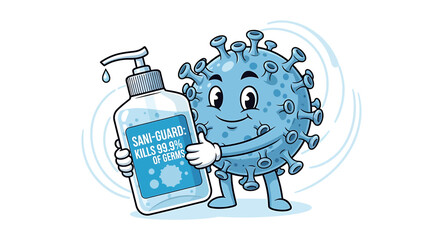 Illustration Vector SVG Design with Cartoon Virus Character Holding Hand Sanitizer Bottle in Blue Tone