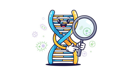 Vector SVG Design of Cartoon DNA Strand with Magnifying Glass and Microbes Funny Science Illustration