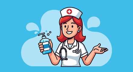 Vector SVG Design of Cartoon Nurse with Hand Sanitizer in Flat Style Illustration