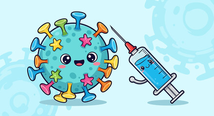 Illustration Vector SVG of Cartoon Virus and Syringe with Faces Colorful Design