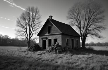 Abandoned brick farmhouse stands desolate in winter field. Two large bare trees stand near old structure. Piles of cut firewood beside rustic country dwelling. Monochrome photo shows rural decay,