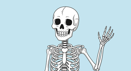 Vector SVG Illustration of Cartoon Skeleton Waving in Line Art Style on Light Blue Background