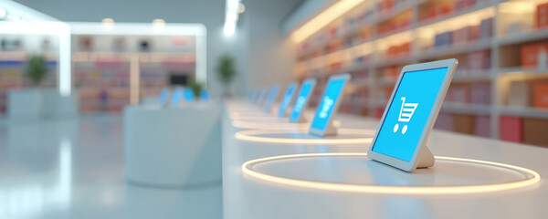 Smart retail store interior with tablets showing shopping carts. Digital displays line counter, integrating e-commerce platforms with physical shopping. Modern tech aids consumer experience, creating