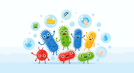 Cartoon Microbe Vector SVG Design with Hygiene Icons in Flat Style Colorful Illustration
