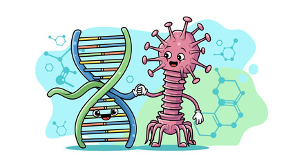 Vector SVG Illustration of Cartoon DNA Molecule and Virus Bacteriophage shaking hands in Cute Kawaii Style