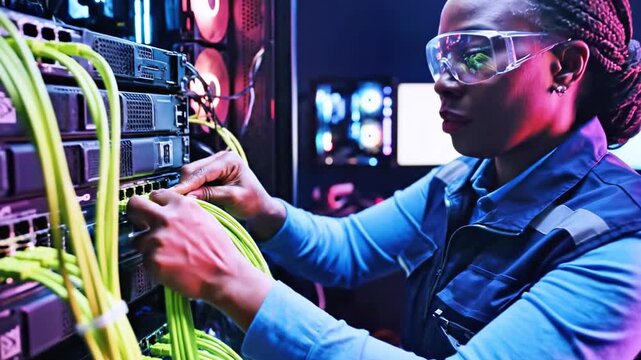 A woman in safety glasses works on network hardware with vibrant green and blue lighting