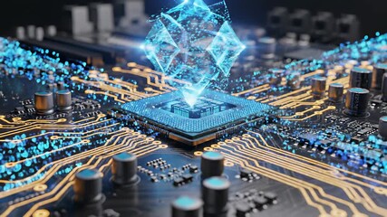 Computer motherboard with intricate electronic components and blue light shining brightly, providing a unique visual representation of digital innovation and technological advancement.