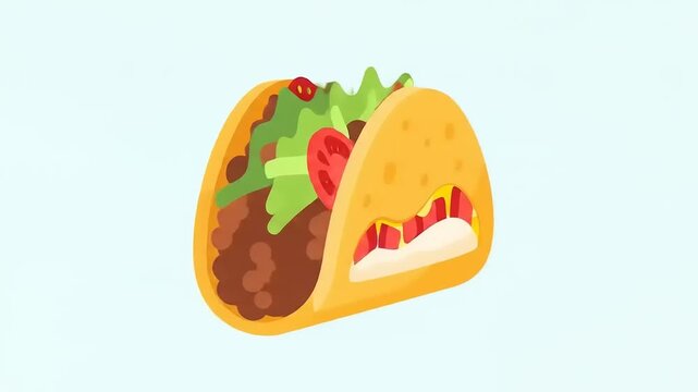 A vibrant, cartoon-style illustration of a delicious taco filled with seasoned ground meat, fresh lettuce, and diced tomatoes.