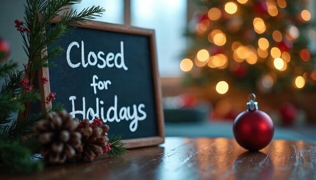 Chalkboard sign announces Closed for Holidays in festive Christmas tree lights, pine branches, and pinecones. A red bauble sits on wooden table, creating seasonal business closing ambiance.