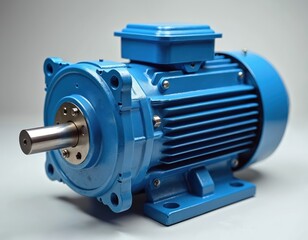 Modern blue industrial electric motor. Powerful machine provides mechanical energy for various tech applications. Features prominent cooling fins, terminal connection box, shiny metal shaft.