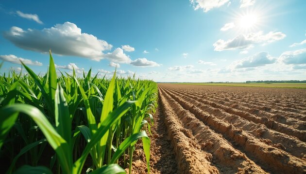 Cornfield contrasts healthy vibrant crop with dry barren soil. Sky clouds. Agricultural concept shows impact from drought. Farmland presents challenges from changing climates, need for eco solutions.