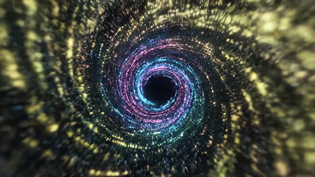 Circular motion of swirling lights with black hole center suspended in darkness, capturing the concept of technological innovation and limitless possibility, perfect for data, technology.