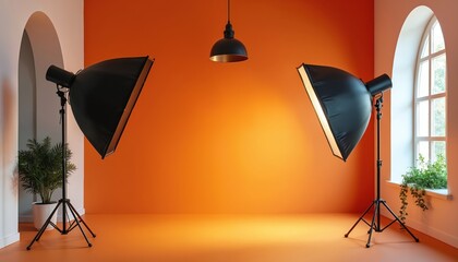 Photo shows empty studio set with two lights, orange backdrop. Pro lighting equipment ready for photoshoot. Empty space prepared for commercial production. Place for product photography with