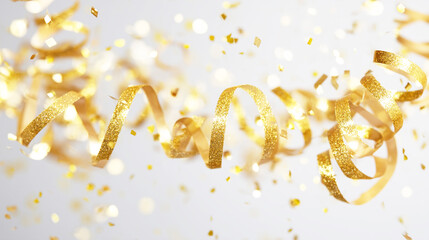 ゴールドの紙吹雪とリボンが舞う祝賀背景
