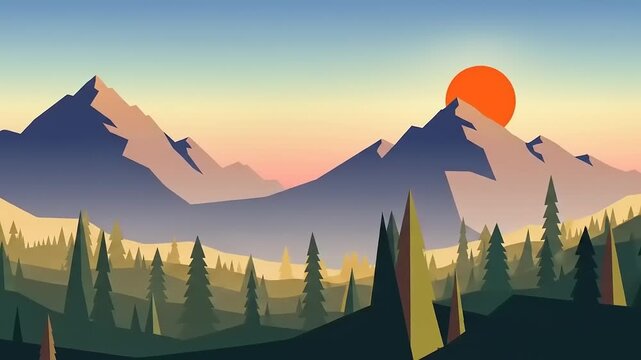 A minimalist, geometric landscape illustration featuring sharp, angular mountains under a gradient sky with a vibrant orange sun.