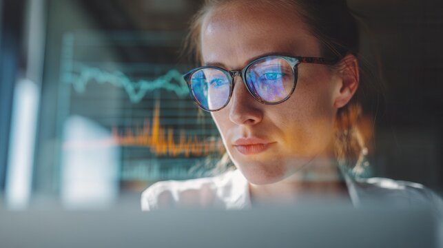 Focused businesswoman analyzing financial data on screen, wearing glasses and working late in a modern office, demonstrating expertise and dedication to success
