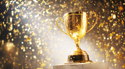 ゴールドトロフィーと紙吹雪の勝利と成功イメージ
