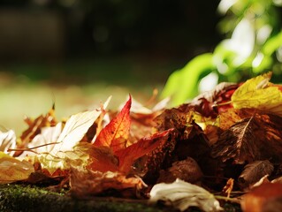shrubbery. Autumn leaves arranged in a garden, showcasing seasonal patterns from a ground perspective with soft natural light. representing seasonal cycles and harvest abundance.