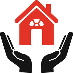 Red house icon with black cupped hands symbolizing home protection safety and security on a transparent background