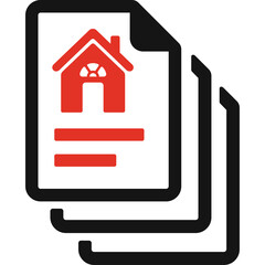 Red house icon on white paper document with red lines on black background vector illustration represents real estate documents or property listings