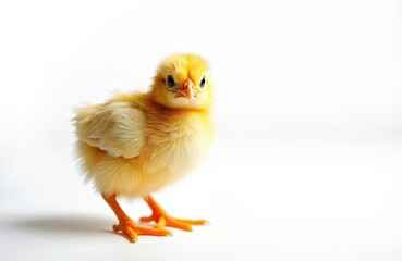 Obraz premium Studio shot presents little yellow chicken. Newborn chick stands on white background. Farm bird has orange beak and legs. Cute baby animal looks straight. Poultry breeding and growing.