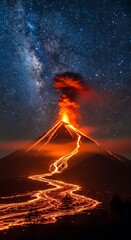 Volcanic Eruption Under the Stars - A Nighttime Spectacle of Fire and Sky.
