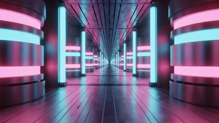4k, A futuristic corridor with neon lights stretching into the distance, featuring cylindrical pillars and a symmetrical design in a cyberpunk aesthetic with vibrant - Powered by Adobe