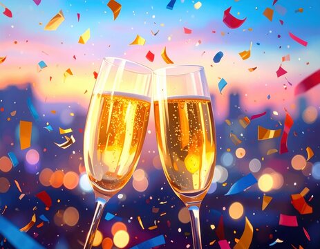 Celebration with sparkling drinks and colorful confetti at sunset cityscape Generative AI
