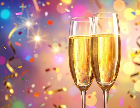 Champagne flutes with sparkling drink and colorful confetti at celebration Generative AI