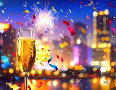 Celebrating new beginnings with sparkling drinks and colorful confetti at night Generative AI